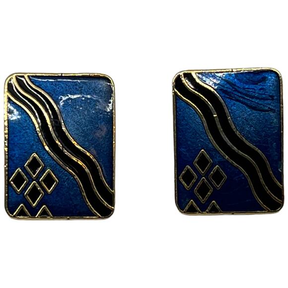 Blue, Gold & Black Enamel Post Earrings for Pierced Ears Retro 1980s Jewelry - Picture 2 of 9